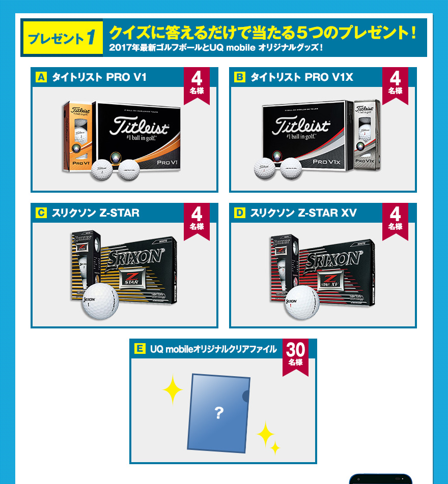 クイズに答えるだけで当たる5つのプレゼント! 2017年最新ゴルフボールとUQ mobile オリジナルグッズ!