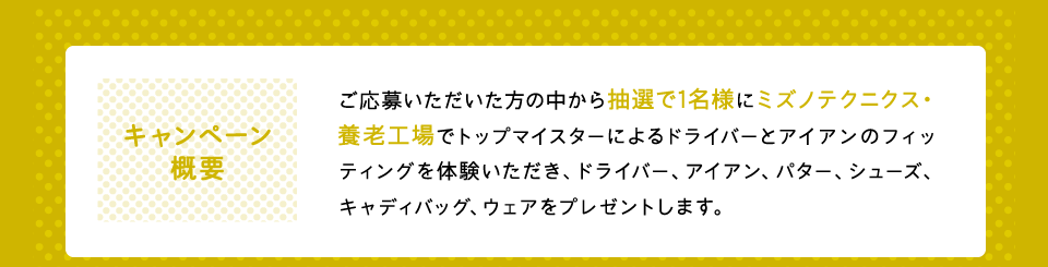 キャンペーン概要：GDOクラブ会員で、ご応募いただいた方の中から抽選で1名様にミズノテクニクス・養老工場でトップマイスターによるドライバーとアイアンのフィッティングを体験いただき、ドライバー、アイアン、パター、シューズ、キャディバッグ、ウェアをプレゼントします。