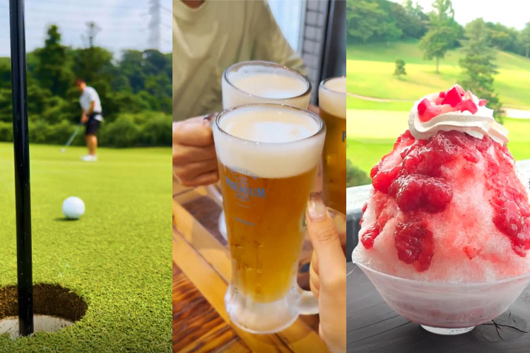 夏の新たなゴルフスタイルを提案【PLAY SUMMER】：ゴルフプレーをしてる人、ゴルフ場ビールやかき氷を楽しむ夏の風景