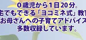 ０歳児から１日20分。自宅でもできる「ヨコミネ式」教育法とお母さんへの子育てアドバイスを多数収録しています。