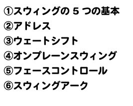 ①スウィングの5つの基本②アドレス③ウェートシフト④オンプレーンスウィング⑤フェースコントロール⑥スウィングアーク