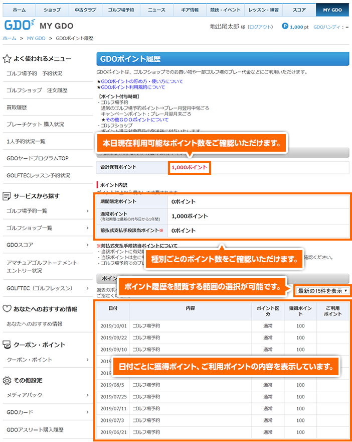 Gdo 使い方ナビ 会員情報 マイページ機能 My Gdo ポイント履歴