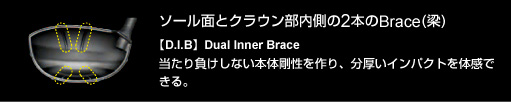 ソール面とクラウン部内側の2本のBrace(梁)【D.I.B】Dual Inner Brace：当たり負けしない本体剛性を作り、分厚いインパクトを体感できる。
