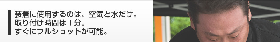 装着に使用するのは、空気と水だけ。取り付け時間は１分。すぐにフルショットが可能。