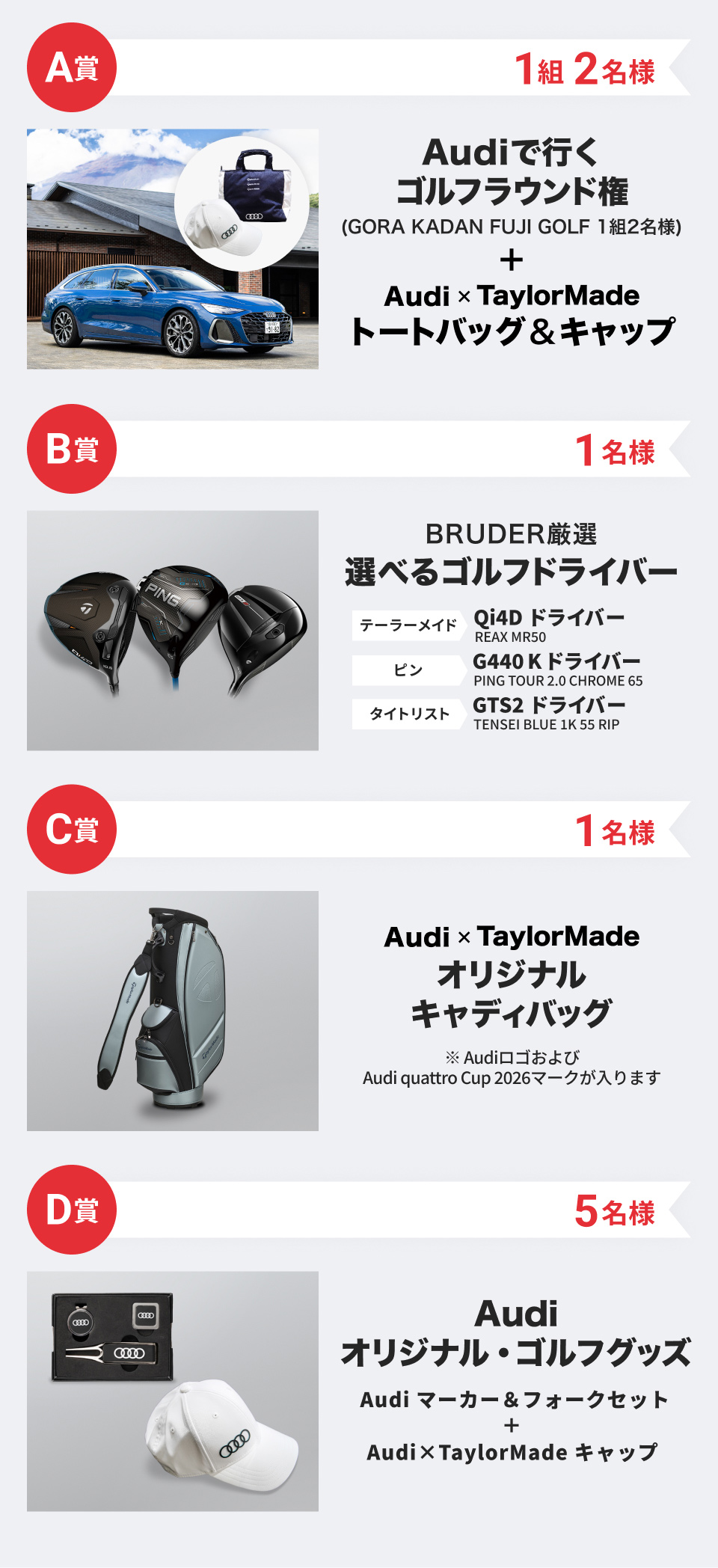 アウディ ゴルフラウンド権や豪華ドライバーが当たる！