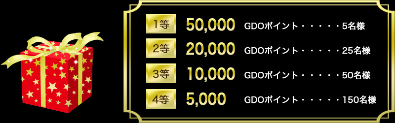 1等：50000GDOポイント5名様、2等：20000GDOポイント25名様、3等：10000GDOポイント50名様、4等：5000GDOポイント150名様