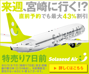 来週、宮崎に行く！？直前予約でも最大43％割引 特売り7日前 Solaseed Air