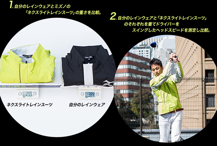 1.自分のレインウェアとミズノの「ネクスライトレインスーツ」の重さを比較。2.自分のレインウェアと「ネクスライトレインスーツ」のそれぞれを着てドライバーをスイングしたヘッドスピードを測定し比較。