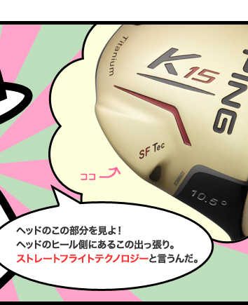 ヘッドのこの部分を見よ!ヘッドのヒール側にあるこの出っ張り。ストレートフライトテクノロジーと言うんだ。