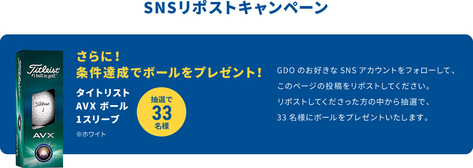 さらに!条件達成でボールをプレゼント! タイトリスト AVX エイム 360 1スリーブ ※ホワイト 抽選で33名様 SNSリポストキャンペーン GDOのお好きなSNSのアカウントをフォローして、このページの投稿をリポストしてください。リポストしてくださった方の中から抽選で、33名様にボールをプレゼントいたします。
