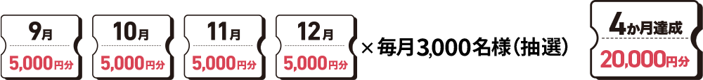 9月 5,000円分 10月 5,000円分 11月 5,000円分 12月 5,000円分 ×毎月3,000名様（抽選） 4か月達成 20,000円分