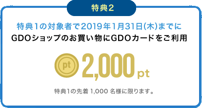 特典2 特典１の対象者で2019年1月31日（木）までにGDOショップのお買い物にGDOカードをご利用2,000pt特典１の先着1,000名様に限ります。