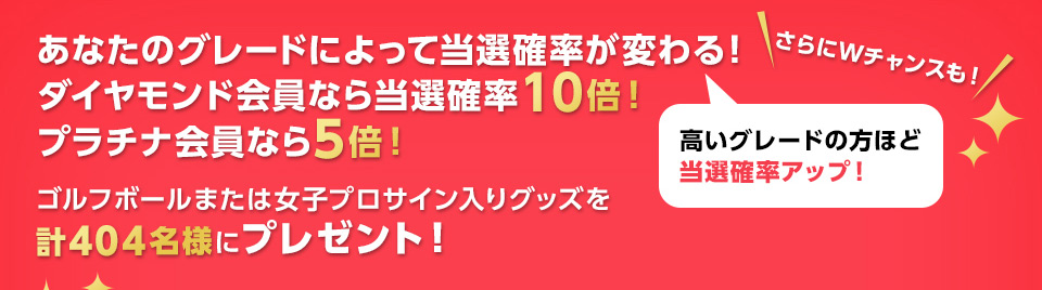 あなたのグレードによって当選確率が変わる！最大10倍の当選確率で今度こそ賞品をゲットできるチャンスかも！？高いグレードの方ほど当選確率アップ！ボールの種類を増やしました！冬なのでスピン系を多めに揃えました。