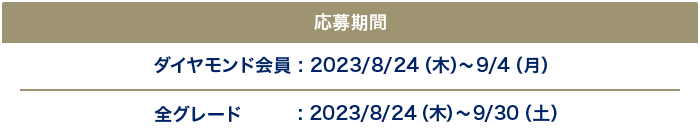 応募期間 ダイヤモンド会員：2023/8/24(木)～9/4(月) 全グレード：2023/8/24(木)～9/30(土)